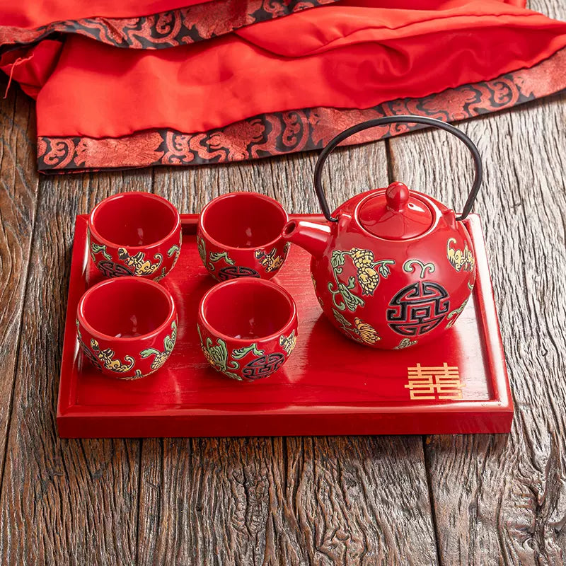 Oriental Double Happiness Traditional Chinese Wedding Ceramic Tea Set