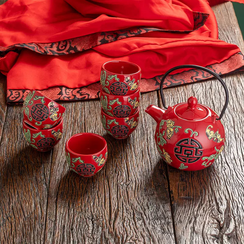 Oriental Double Happiness Traditional Chinese Wedding Ceramic Tea Set